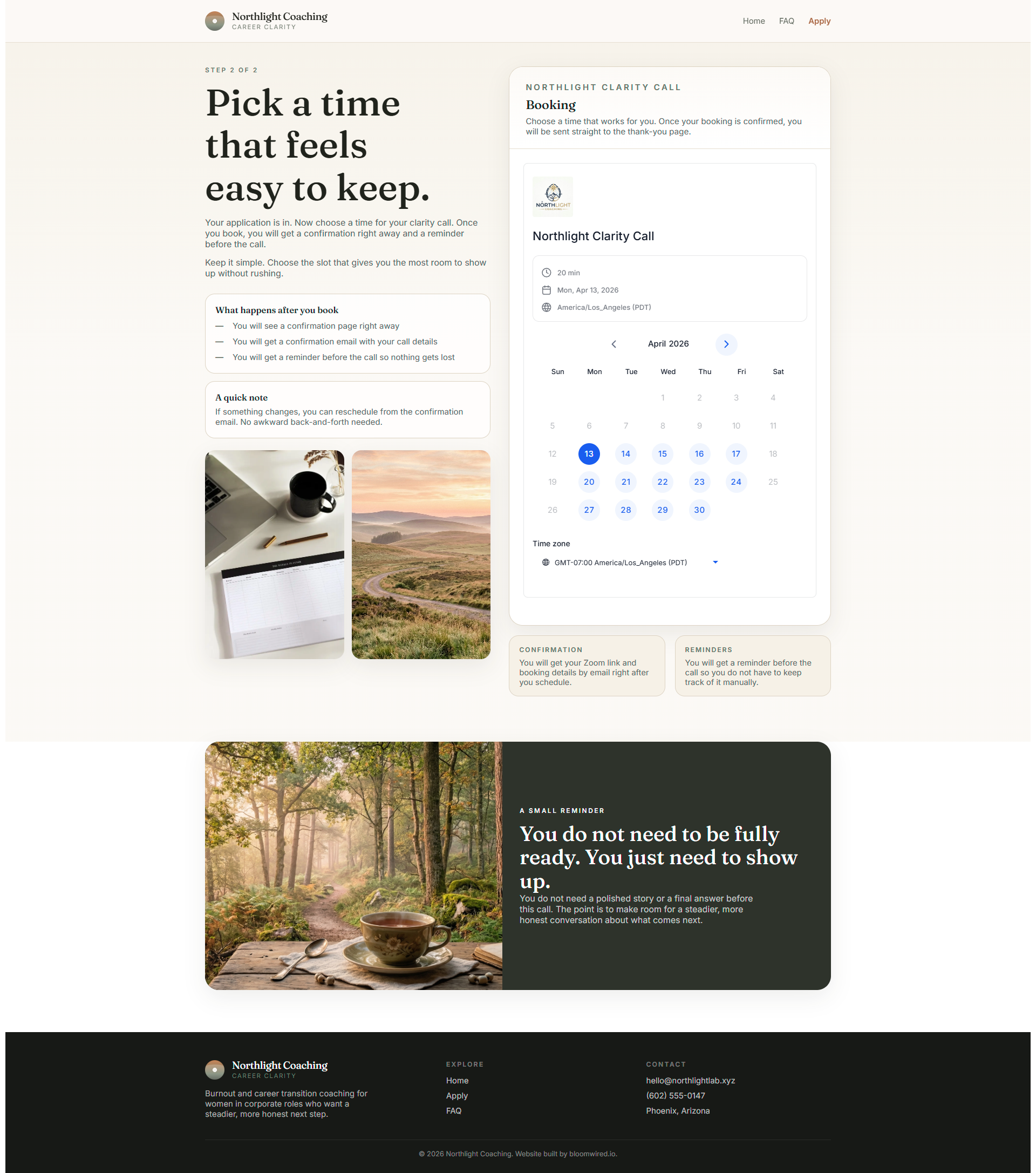 Northlight booking calendar page