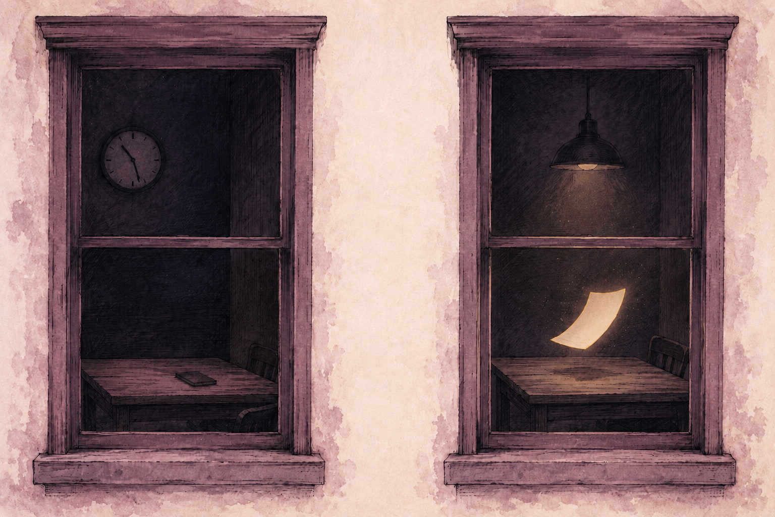 Editorial illustration of two side-by-side darkened windows at night, the left showing an empty desk with a still phone and the right showing a small calendar page lifting in soft warm light, contrasting a missed after-hours DM with an automated website booking