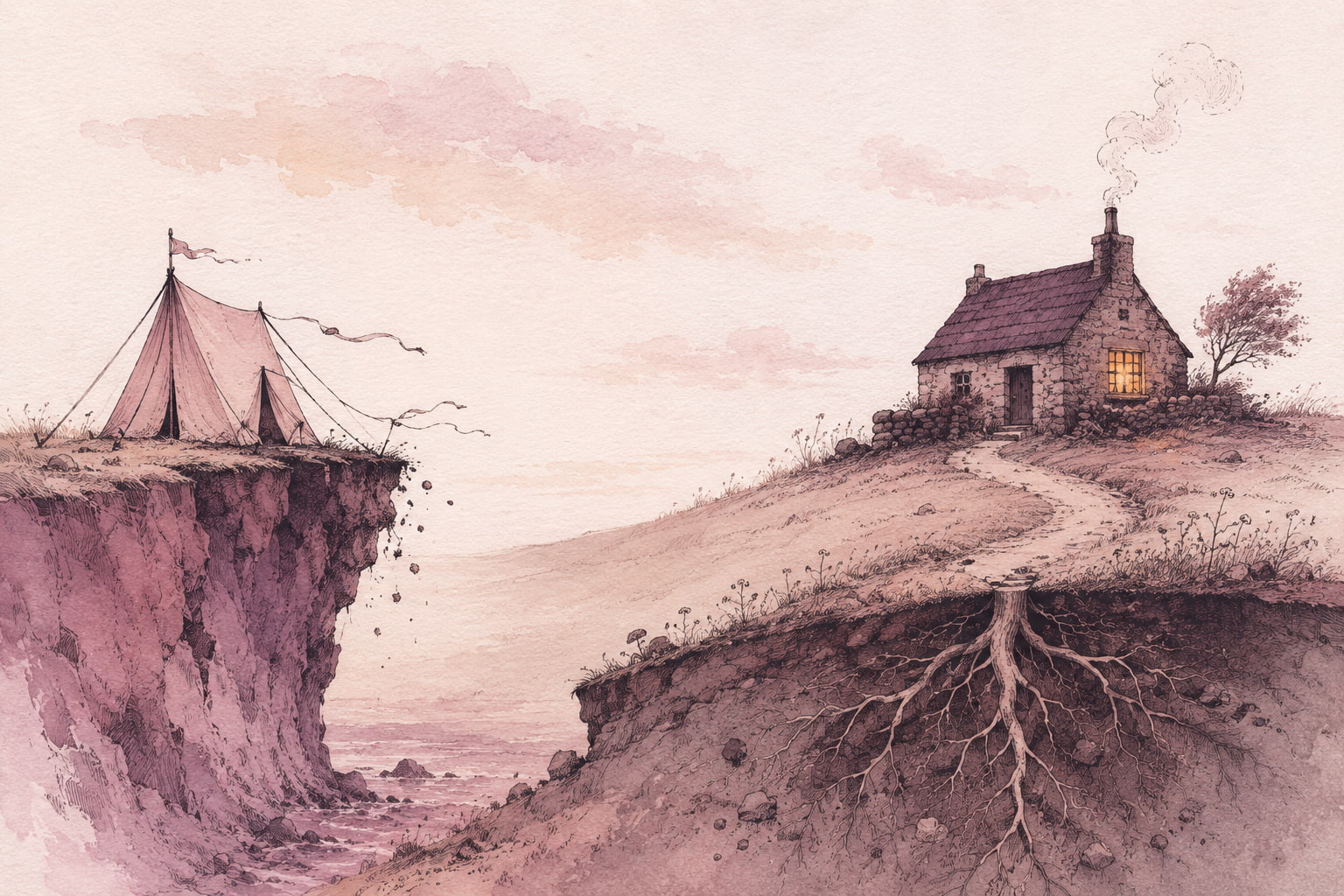 Editorial illustration of a small canvas tent on a windy cliff edge beside a rooted stone cottage with a glowing window, visualizing renting your audience on social media versus owning a website