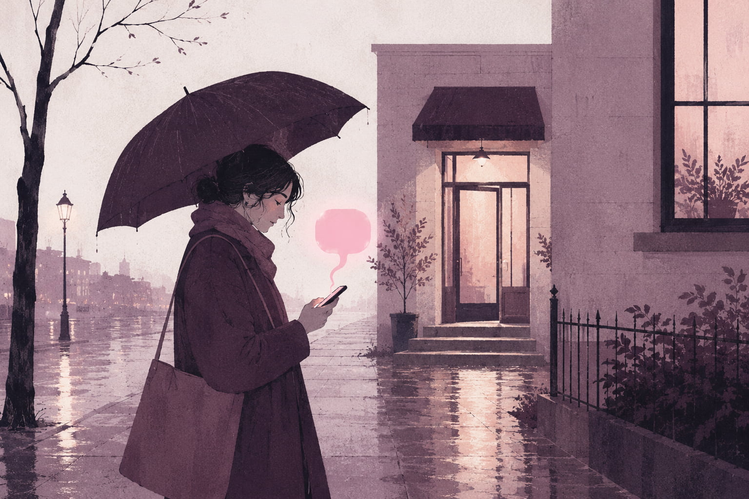 Editorial illustration of a person pausing on a rainy evening sidewalk, lit by a phone showing one soft glowing message bubble, deciding to keep an appointment