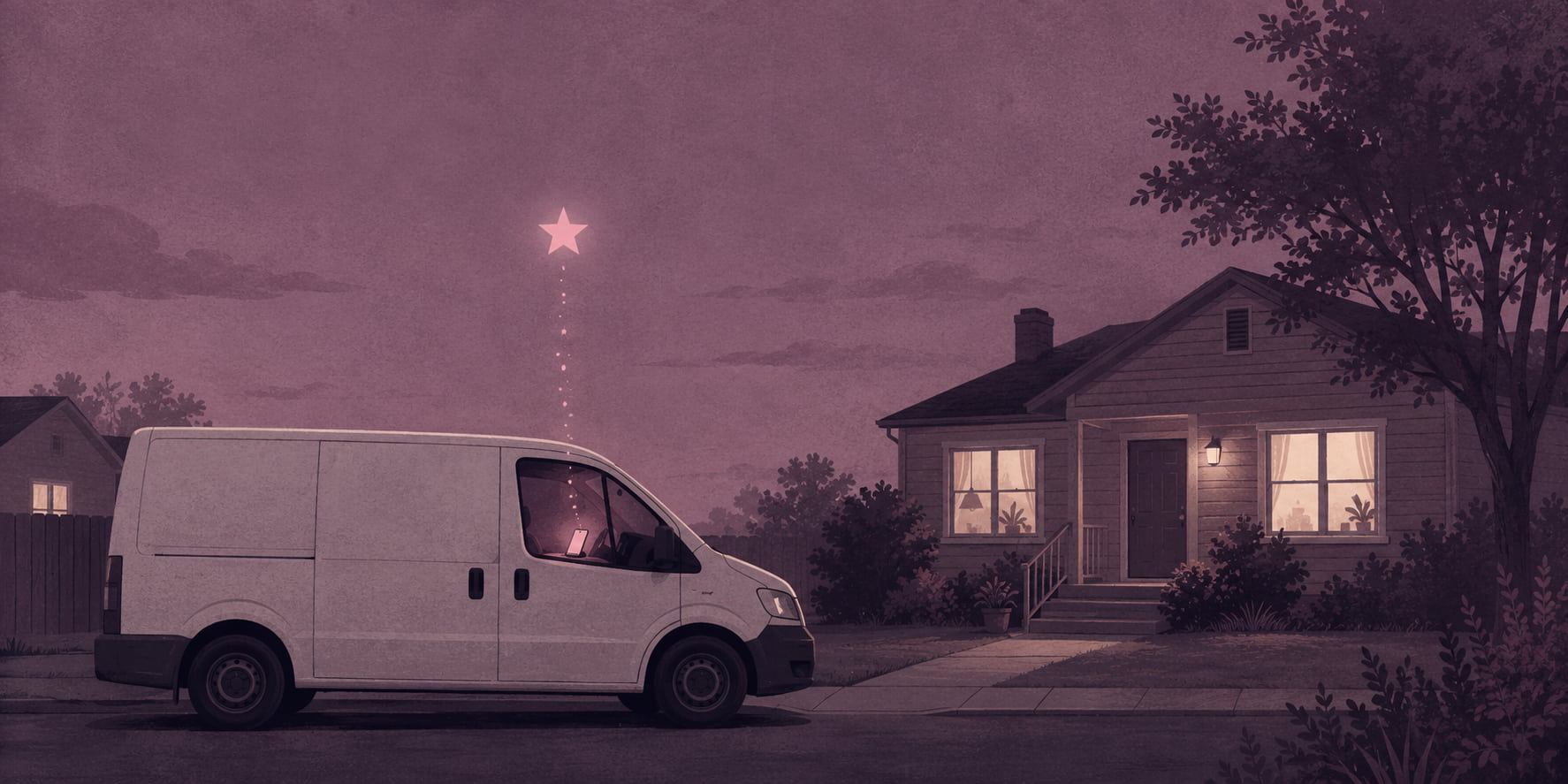 Editorial illustration of a service van parked outside a home at dusk with a single glowing five-star review rising from a phone on the dashboard