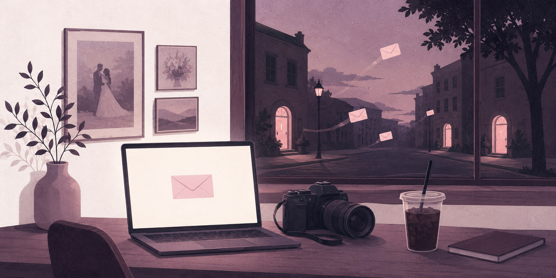 Editorial illustration of a photographer's desk at night with an open laptop showing one unanswered envelope, while pale envelopes drift toward other glowing doorways