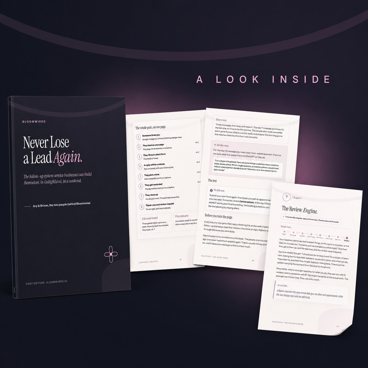 Three interior pages of the book: a chapter opener, the system map, and SMS message templates