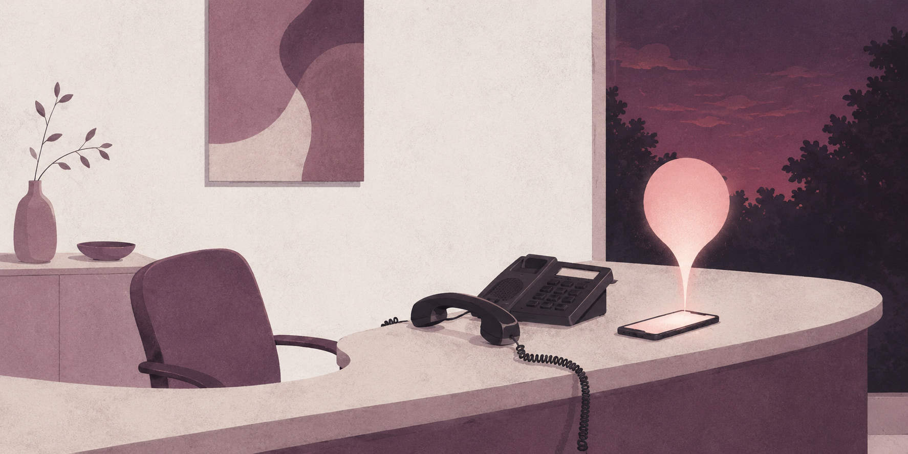 Editorial illustration of an empty med spa reception desk at dusk, a corded phone off the hook, and a smartphone sending up a single glowing speech bubble, visualizing a missed call recovered by an automatic text back