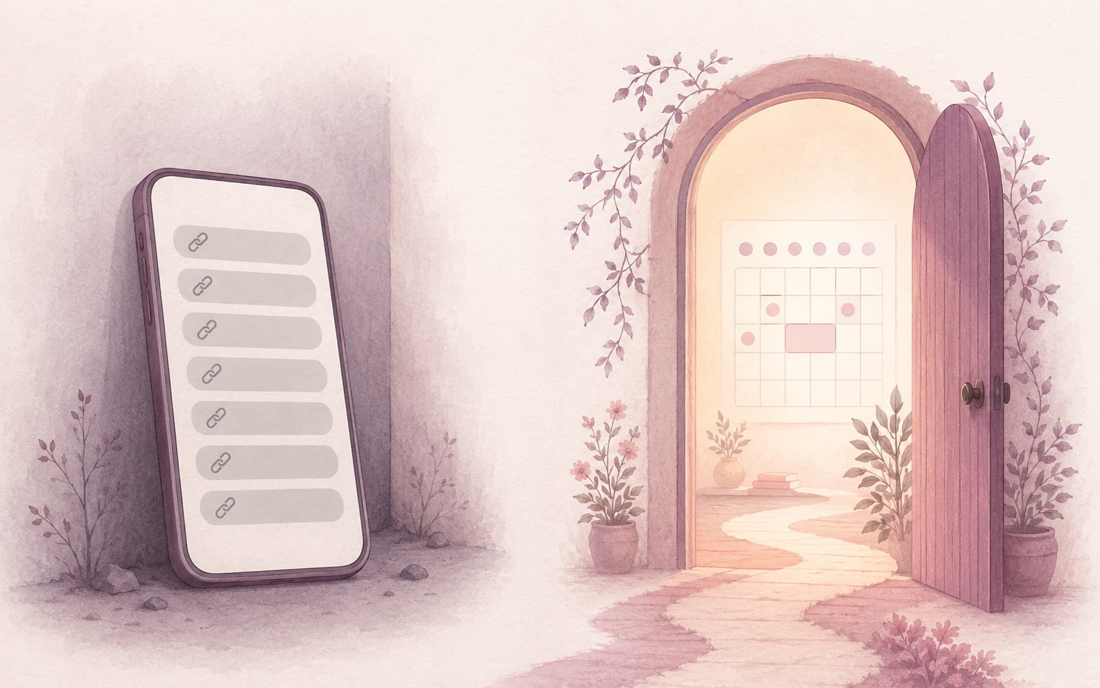 Editorial illustration of a phone showing a stack of plain links beside a warm open doorway with a booking calendar glowing inside