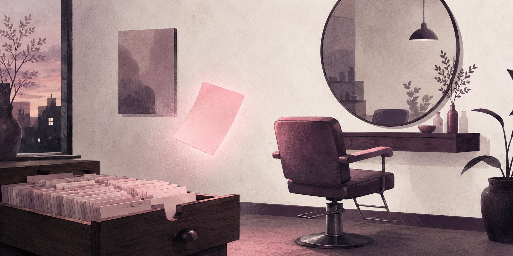 Editorial illustration of a quiet salon at dusk with an empty styling chair and an open drawer of client cards, one card lifting into the air and glowing warmly