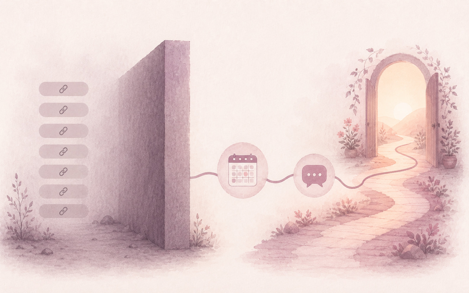 Editorial illustration contrasting a flat dead-end list of links with a connected path that leads through a booking calendar and a follow-up message