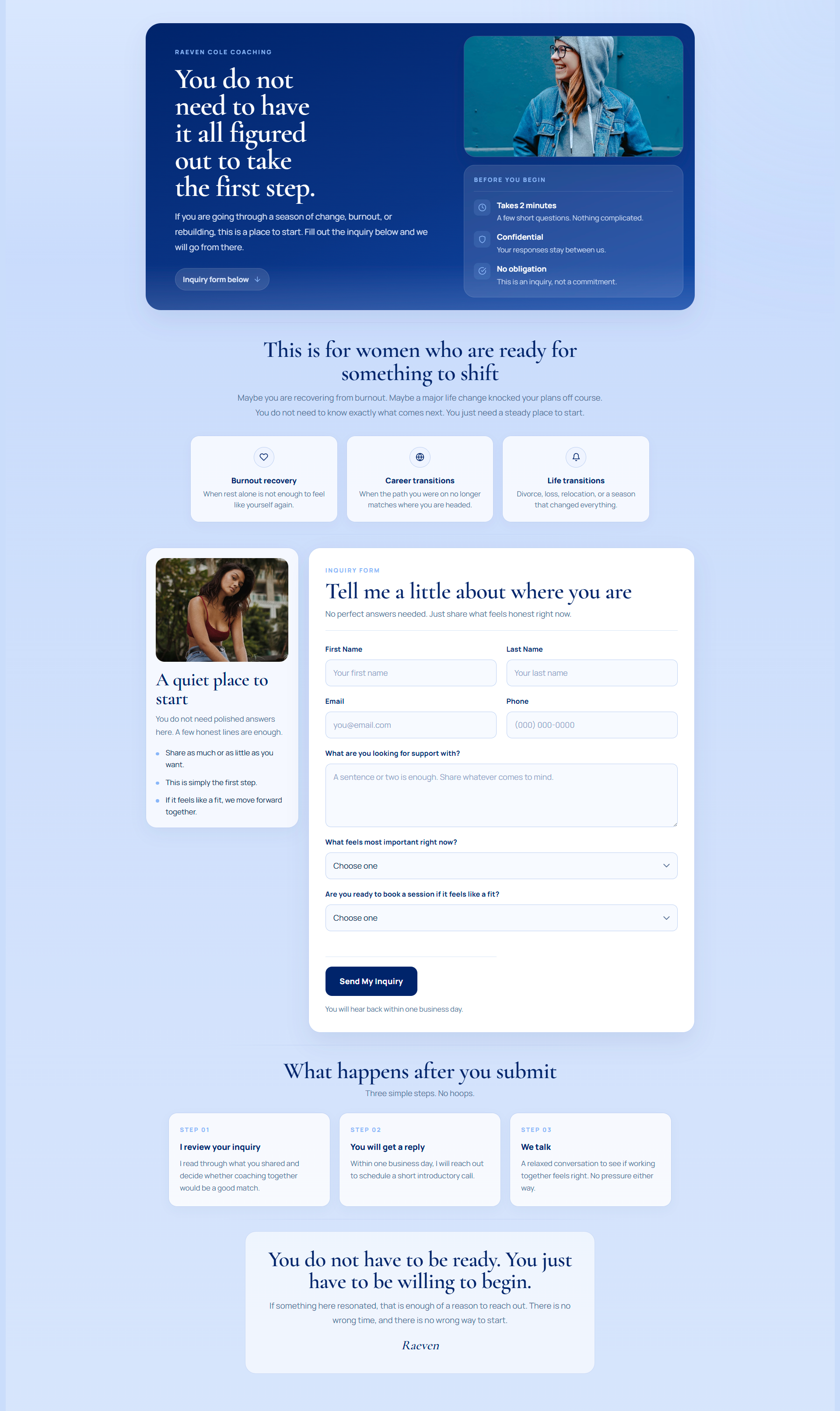 Raeven Cole Coaching inquiry page mockup