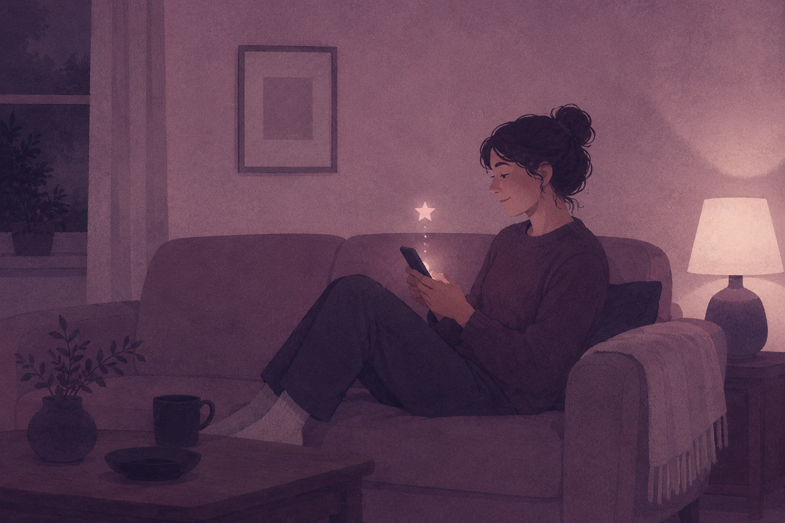 Editorial illustration of a homeowner on a couch reading a friendly review request text on a glowing phone, with a faint five-star shape above the screen