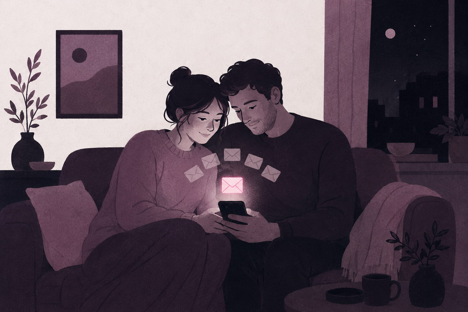 Editorial illustration of a couple on a sofa at night lit by one phone, with several small vendor envelopes floating above the screen and one envelope glowing warmer than the rest