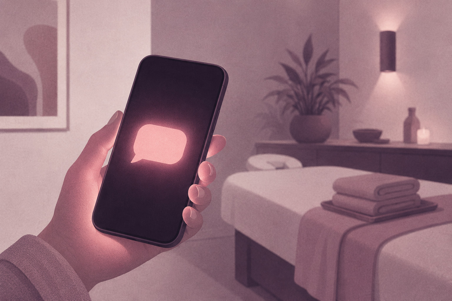Editorial illustration of a hand holding a phone with one glowing speech bubble on screen inside a dim med spa treatment room, representing the automatic text a missed caller receives