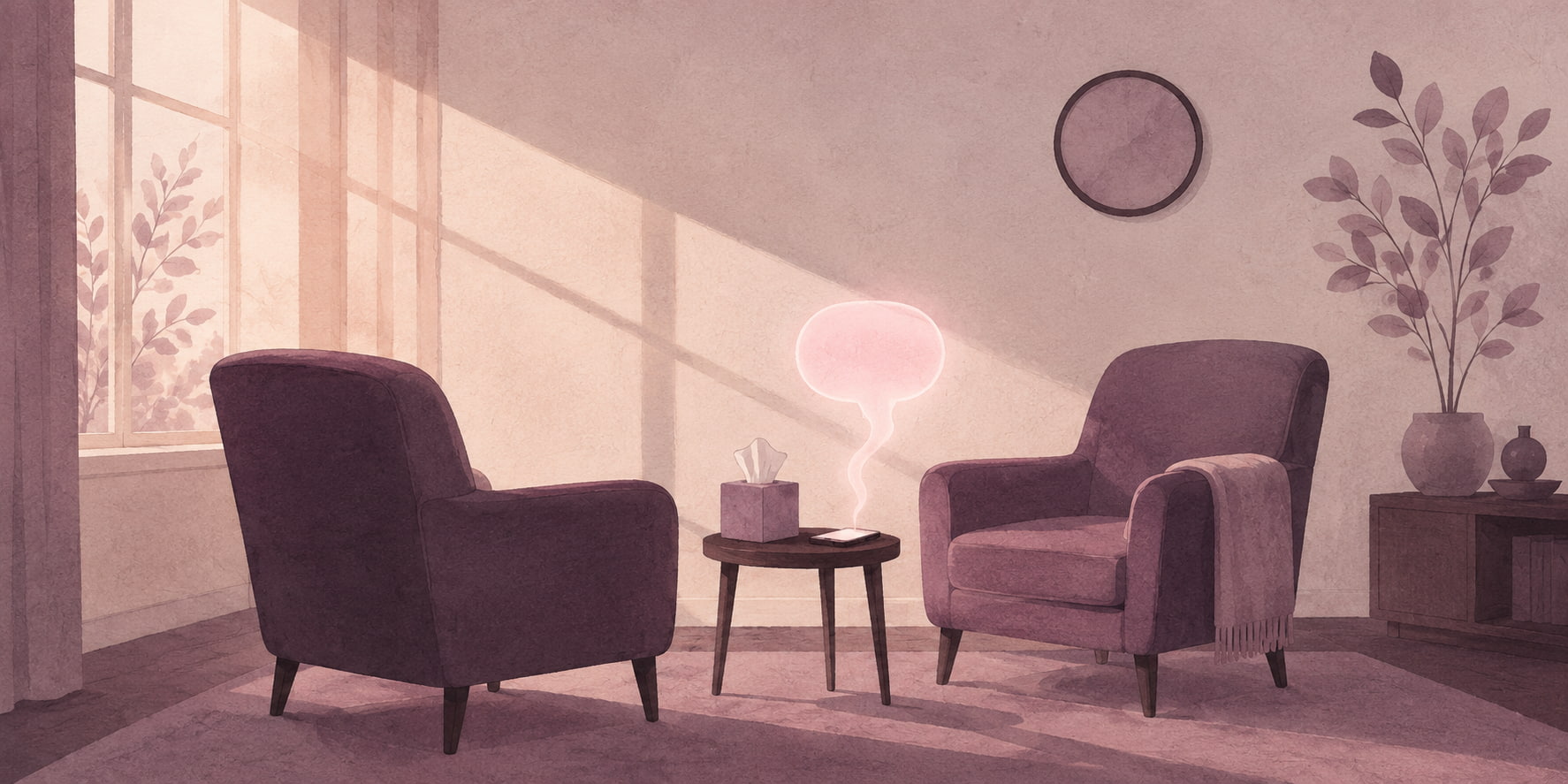 Editorial illustration of a warm therapy office at golden hour with one empty armchair, a clock on the wall, and a phone lighting up with a single gentle message bubble