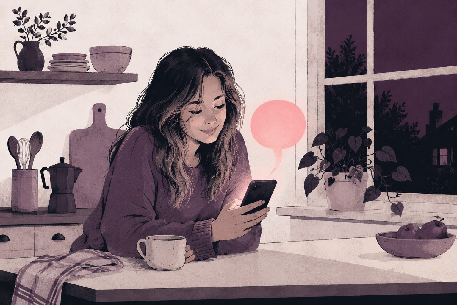 Editorial illustration of a woman in a kitchen at evening smiling at her phone as one warm glowing message bubble rises from the screen