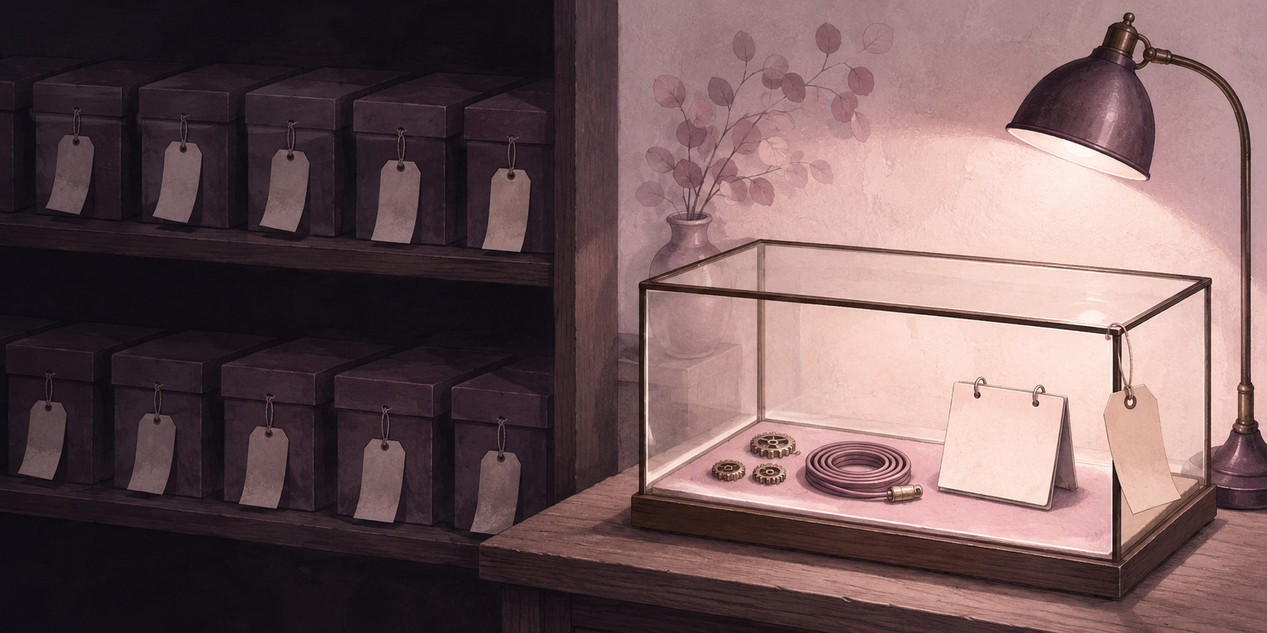 Editorial illustration of a shop shelf of closed boxes with blank dangling price tags beside one open glass case showing its parts clearly with a single visible tag