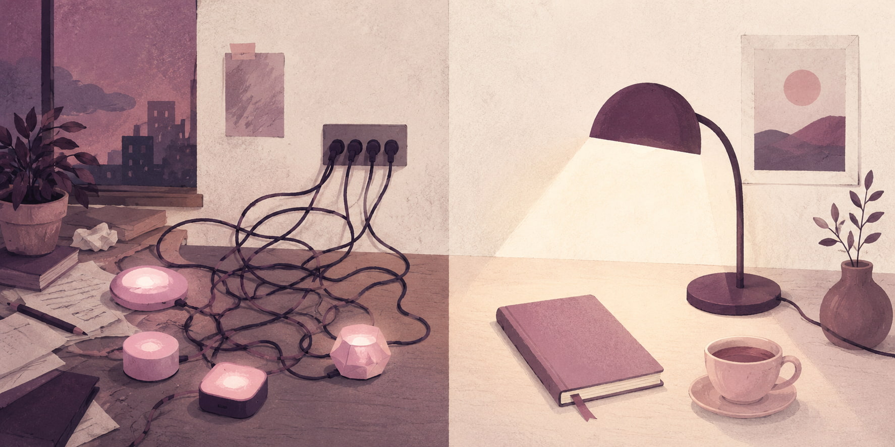 Editorial illustration of a desk tangled in four power cords running to four separate glowing gadgets, beside a tidy desk lit by one warm lamp