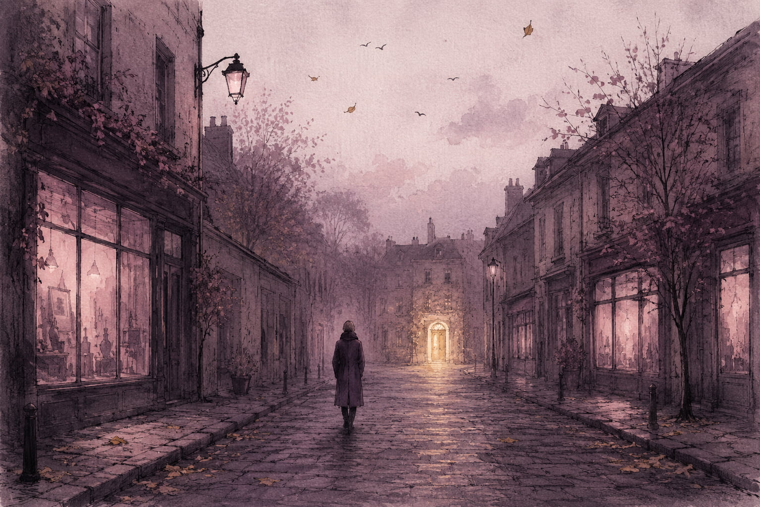 Editorial illustration of a small figure walking down a quiet evening street past dim shop windows toward a single warmly glowing doorway in the distance, representing the customer path from social discovery to website decision