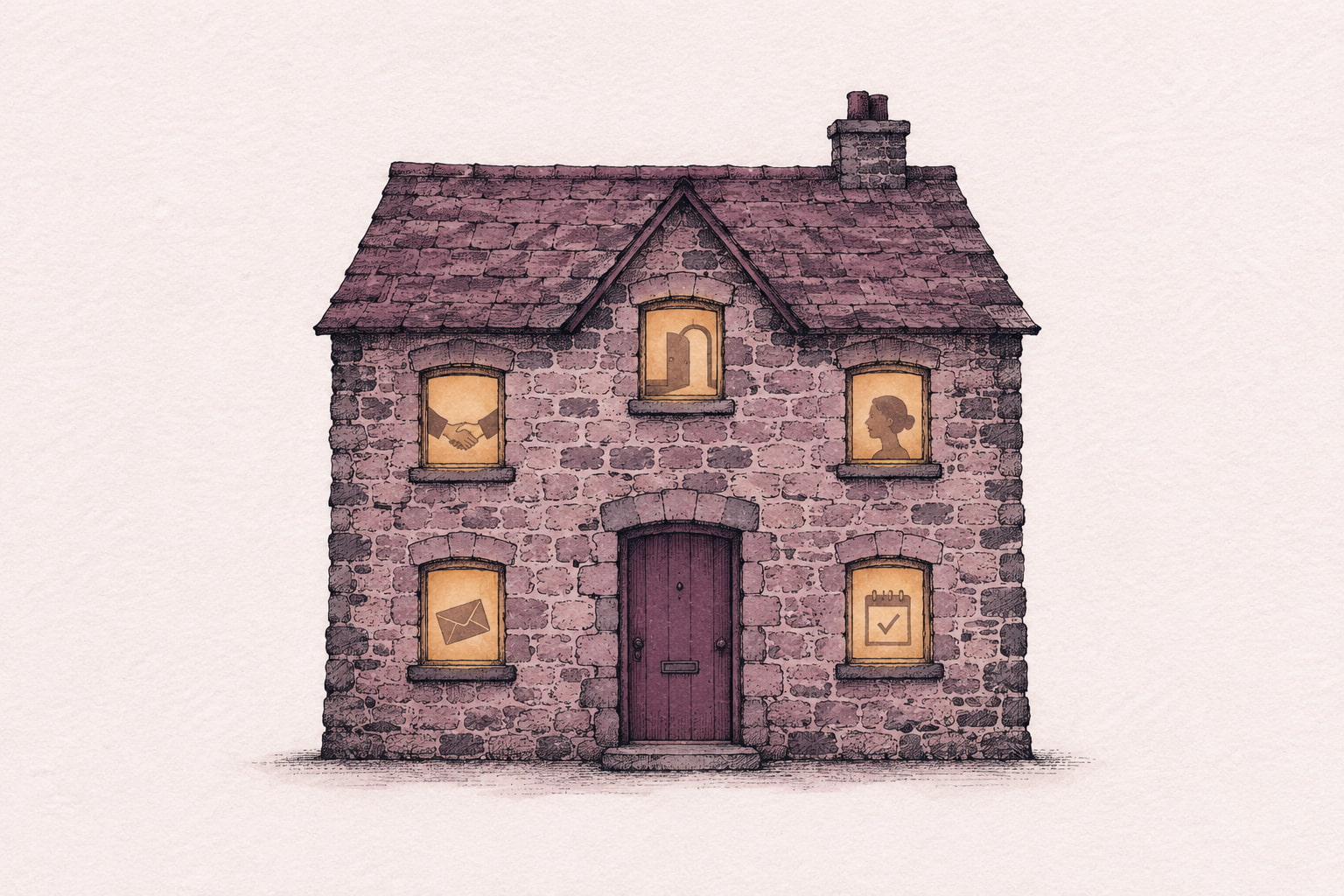 Editorial illustration of a small stone cottage at night with five warmly lit windows, each window showing a different silhouette: a doorway, two hands meeting, a face in profile, an envelope, and a calendar with a check mark, as a metaphor for the five core pages of a service business website