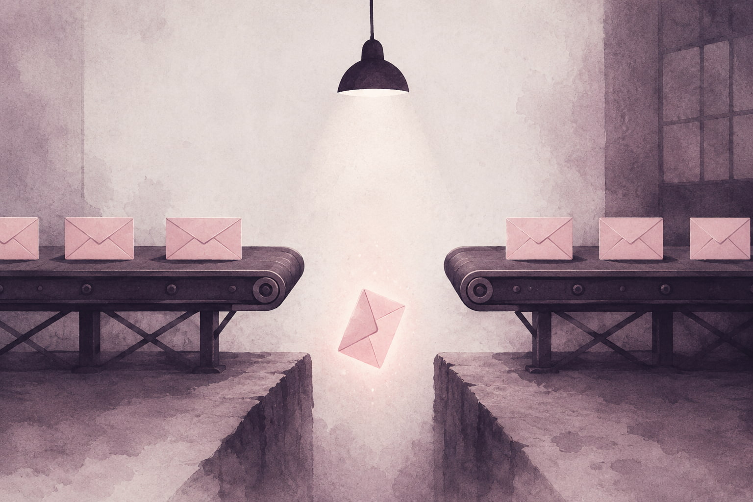 Editorial illustration of a pale envelope falling into the gap between two conveyor belts that don't quite meet, representing a lead lost in the handoff between two tools