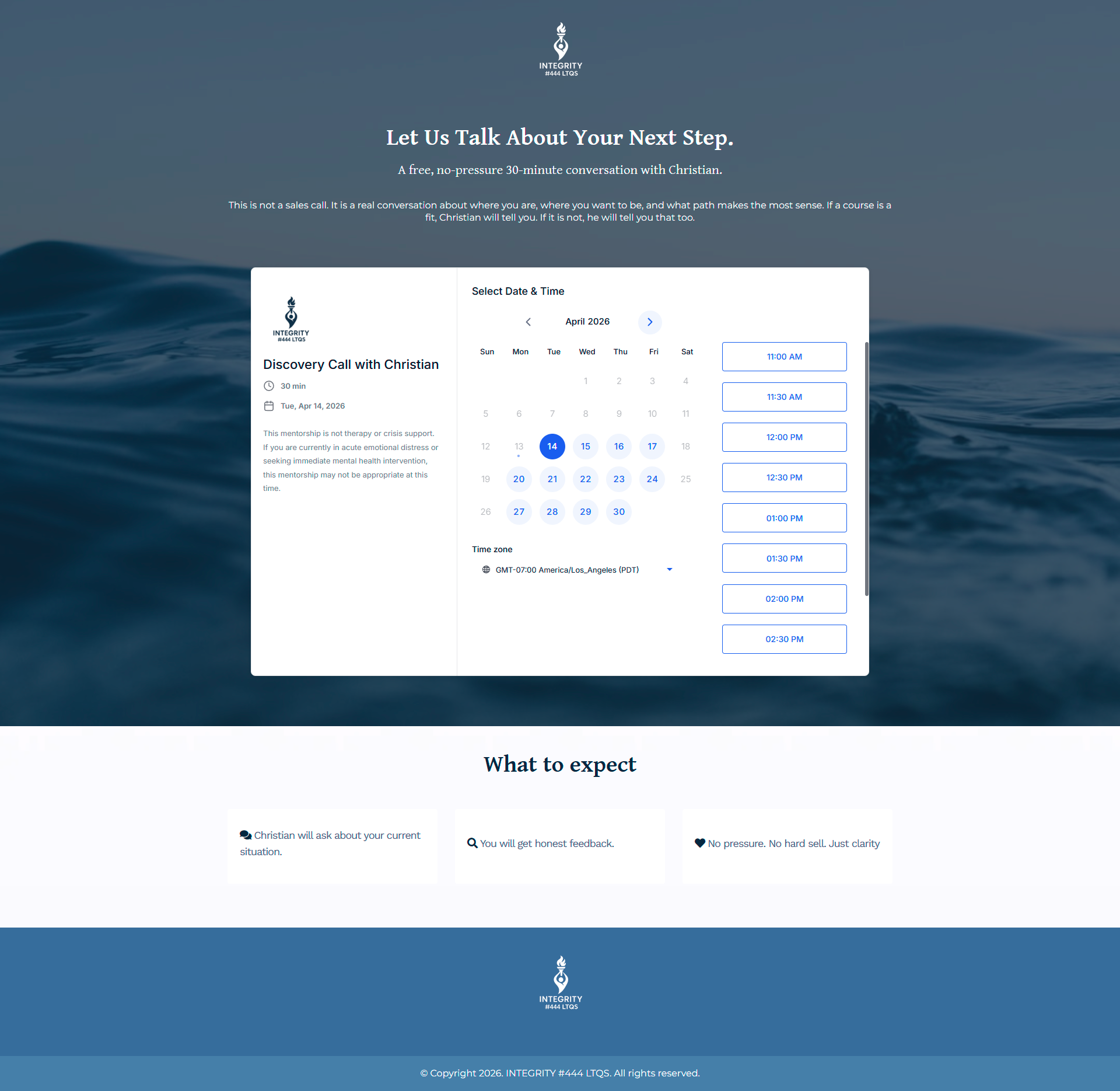 Integrity book a call page